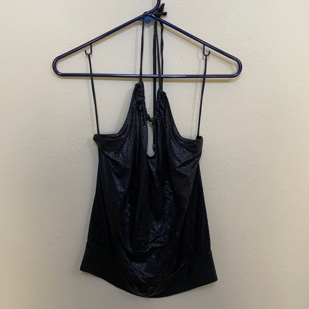 Express black print backless halter top
